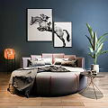 Gray Round Bed With Pillows Blue Wall Art And Plant In Modern Living Room