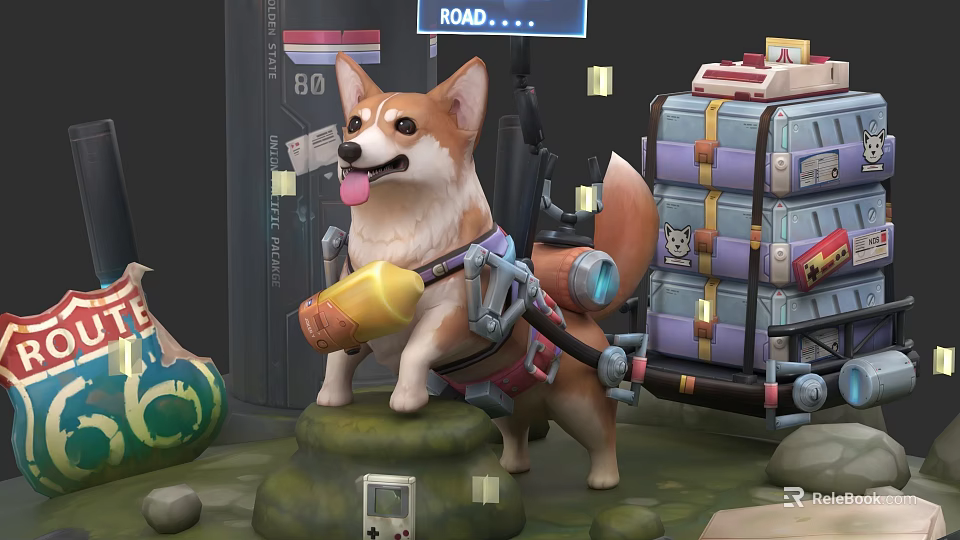 Adventure Themed Game Scene With Corgi Mechanical Backpack Stacked Boxes Road Sign And Green Bottle 3d model 
