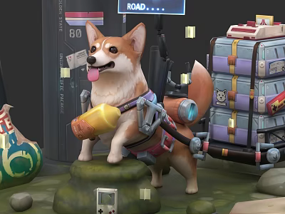 Adventure Themed Game Scene With Corgi Mechanical Backpack Stacked Boxes Road Sign And Green Bottle 3d model