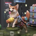 Adventure Themed Game Scene With Corgi Mechanical Backpack Stacked Boxes Road Sign And Green Bottle