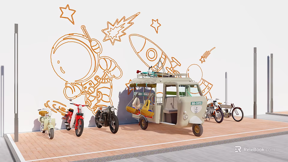 Vintage Motorcycles and Tricycle Display with Cartoon Astronaut Rocket Stars Wall 3d model 