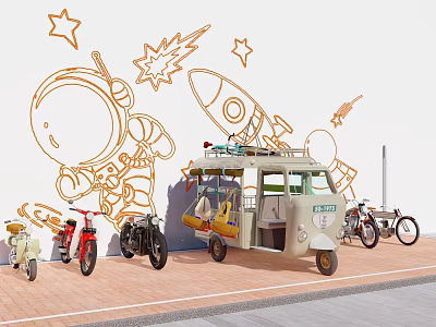 Vintage Motorcycles and Tricycle Display with Cartoon Astronaut Rocket Stars Wall 3d model