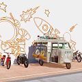 Vintage Motorcycles and Tricycle Display with Cartoon Astronaut Rocket Stars Wall