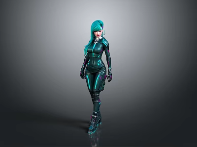 Sleek Futuristic Female Character With Teal Hair Black Bodysuit Green Glowing Lines 3d model
