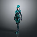 Sleek Futuristic Female Character With Teal Hair Black Bodysuit Green Glowing Lines