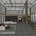 Traditional Chinese Tea House Interior With Tall Shelves Wooden Tables And Pendant Lights