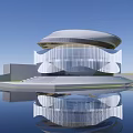 Modern Architectural Structure With Circular Roof Glass Facade And Water Reflection 3d model