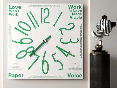 Green Wall Clock With Love Work Paper Voice Typography Design For Home Decor 3d model
