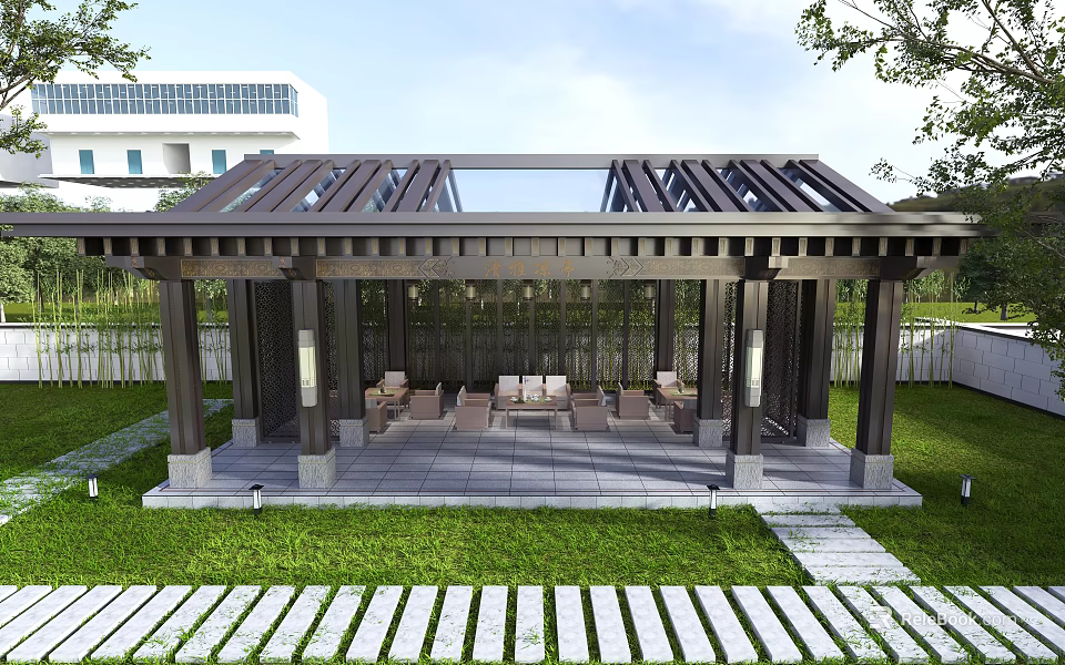 Outdoor Pavilion Design With Glass Wooden Roof Lawn Stone Path Modern Building 3d model 