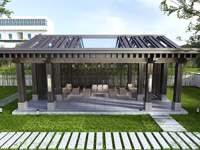 Outdoor Pavilion Design With Glass Wooden Roof Lawn Stone Path Modern Building 3d model