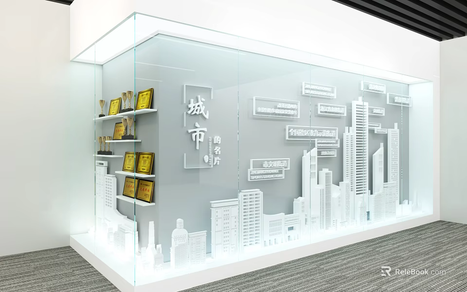 Urban Planning Exhibition Hall With Glass Display Case City Models And White Building Silhouettes 3d model 