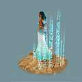 Egyptian Goddess Figure In Traditional Attire With Blue Hieroglyphics And Stone Blocks