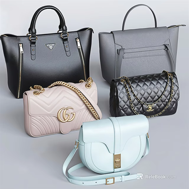Fashionable Stylish Handbags With Black Gray Pink Light Blue Quilted Design Gold Chain Straps 3d model 