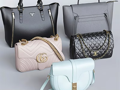 Fashionable Stylish Handbags With Black Gray Pink Light Blue Quilted Design Gold Chain Straps 3d model