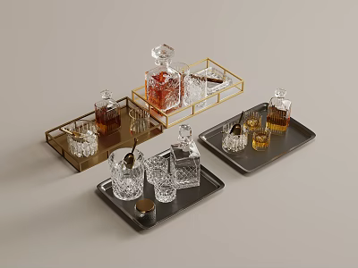 Assorted Ornament Decoration Set With Metal Trays Glassware And Decanters For Tabletop 3d model
