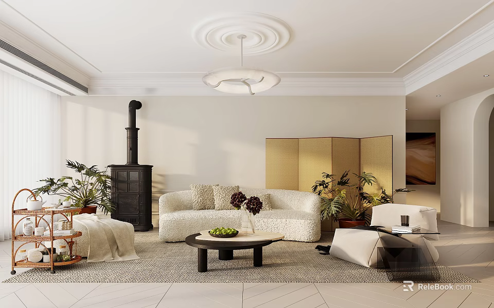 Cozy Neutral Living Room Interior With Plush Curved Sofa Vintage Stove And Lush Indoor Plants 3d model 
