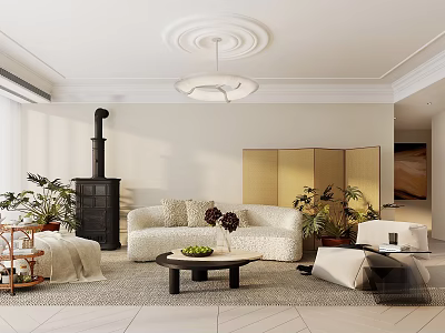 Cozy Neutral Living Room Interior With Plush Curved Sofa Vintage Stove And Lush Indoor Plants 3d model