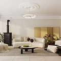Cozy Neutral Living Room Interior With Plush Curved Sofa Vintage Stove And Lush Indoor Plants