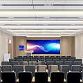 Modern Conference Room Interior With Rows of Gray Chairs Podium Large Screen and Ceiling Lights