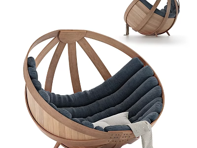 Elegant Modern Leisure Chair With Curved Wooden Frame Dark Blue Cushion And Round Design 3d model