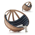 Elegant Modern Leisure Chair With Curved Wooden Frame Dark Blue Cushion And Round Design