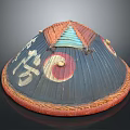 Traditional Conical Hat Deep Blue Body Red Woven Edge Yin Yang Symbol Design