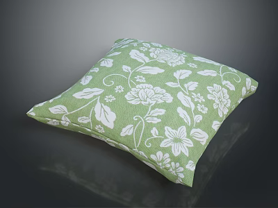 Green Decorative Cushion With White Floral Pattern And Linen Texture Design 3d model