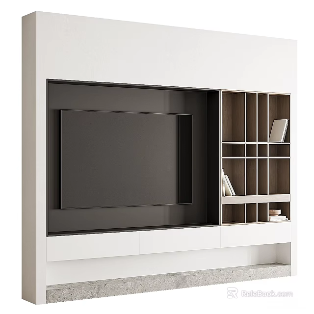 Modern Minimalist TV Wall Design With Built In TV And Wooden Shelves For Living Room 3d model 