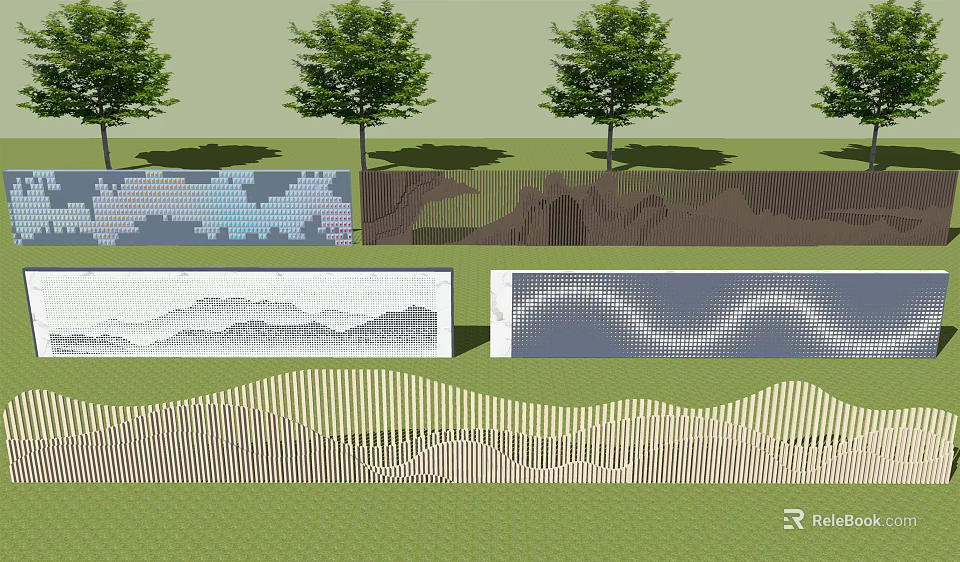 Scenic Feature Wall Designs With Wavy Patterns Mountain Motifs And Trees In Garden 3d model 