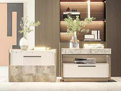 Two Modern Nightstands With Vase Green Plant And Stack Of Books On Wooden Tabletop 3d model