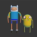 Cartoon Character Finn and Yellow Creature Jake Standing Together on Black Background