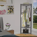 Corner Clothes Rack With Hanging Clothes And Storage Shelf In Bedroom By Window