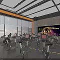 Modern Gym Interior With Fitness Equipment Hexagon Pendant Lights Black Floors Yellow Markings