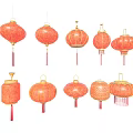 Traditional Red Lanterns with Various Decorative Patterns and Hanging Tassels Designs 3d model