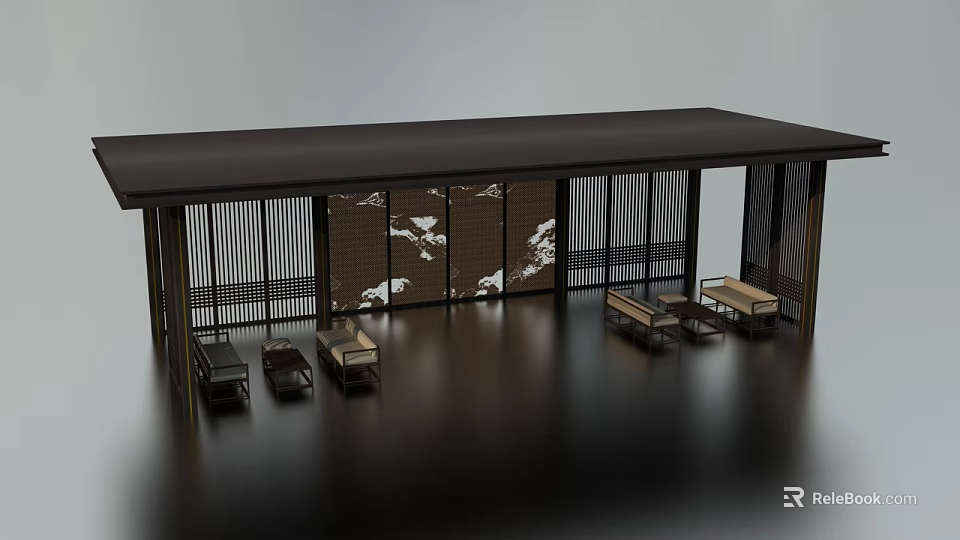 Traditional Japanese Interior With Black Roof Lattice Doors And Snow Scene Screen 3d model 