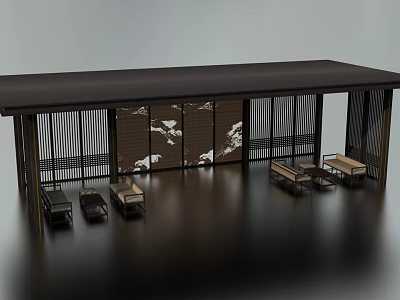 Traditional Japanese Interior With Black Roof Lattice Doors And Snow Scene Screen 3d model