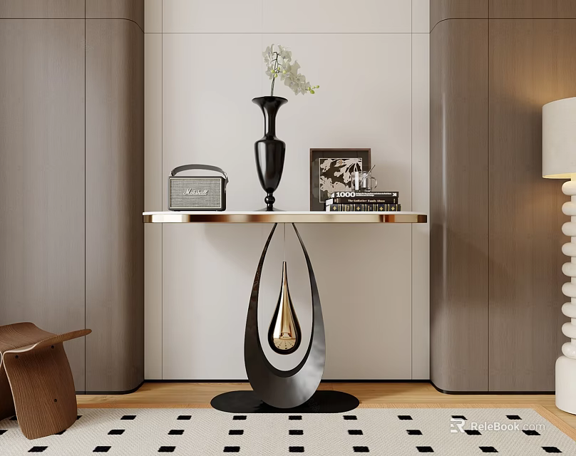 Modern Console Table With Marble Top Metal Base Vase Photo Frame And Gray Cabinets 3d model 