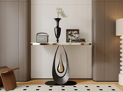 Modern Console Table With Marble Top Metal Base Vase Photo Frame And Gray Cabinets 3d model