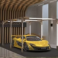 KASHMOOLA Yellow Sports Car Display In Modern Interior With Wooden Structure