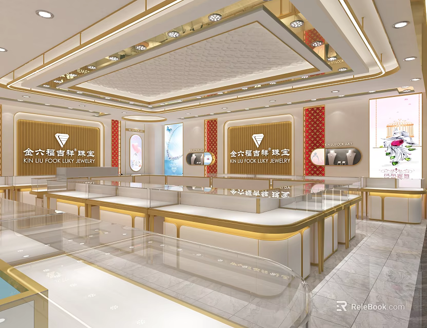 Elegant Luxurious Jewelry Store Interior With Glass Display Cases And Decorative Lighting 3d model 