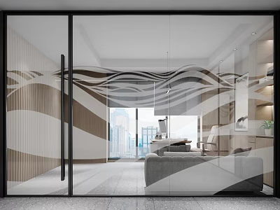Modern Interior With Glass Doors Wavy Patterns Sofa Desk And Window 3d model
