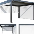 Modern Metal Architectural Structure With Slatted Top Supporting Posts And Transparent Panels