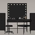 Stylish Perfumes And Cosmetics On Vanity Table With Lighted Mirror Drawer Cabinets And Green Plant