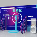 Interactive Gaming Zone Featuring Tech Themed Decor Basketball Hoop And Claw Machines 3d model
