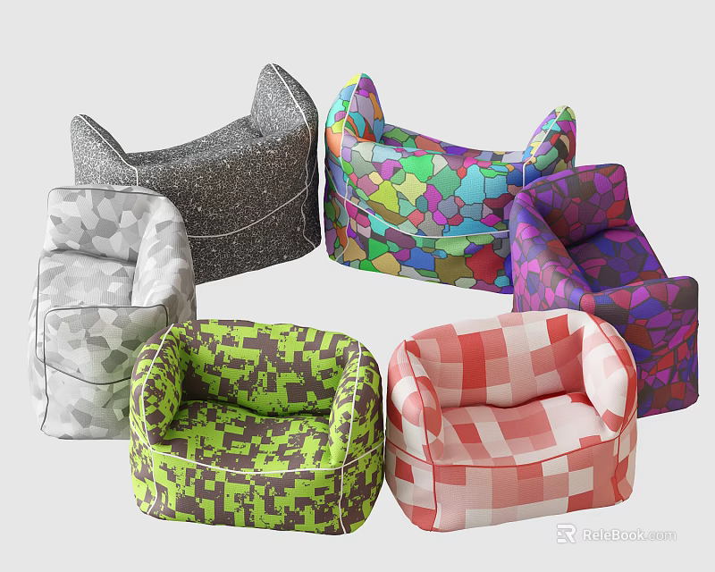 Colorful Bean Bag Chairs With Various Patterns And Modern Design Styles 3d model 