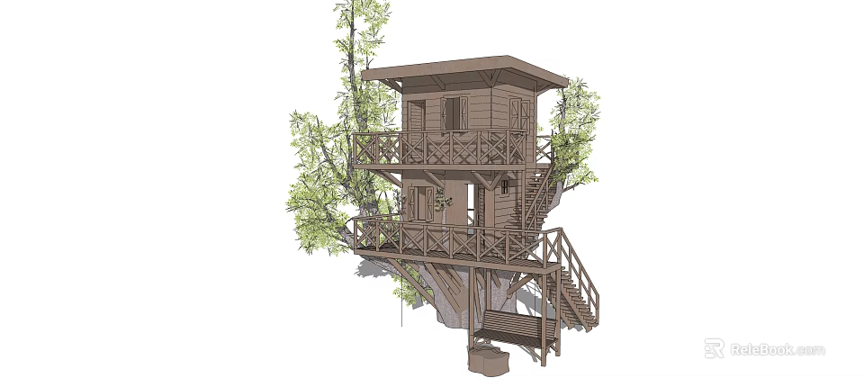 Park Landscape Featuring Two Story Treehouse With Balcony Staircase And Trees 3d model 