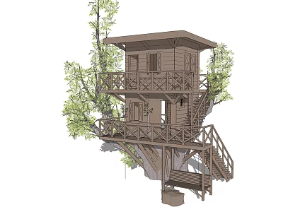 Park Landscape Featuring Two Story Treehouse With Balcony Staircase And Trees 3d model