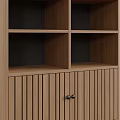 Wooden Bookcase With Open Shelves Slatted Cabinet Doors And Black Legs