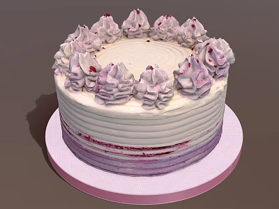 Delicious Striped Layered Cake With Purple White Cream Swirls Red Toppings And Pink Stand 3d model