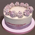 Delicious Striped Layered Cake With Purple White Cream Swirls Red Toppings And Pink Stand